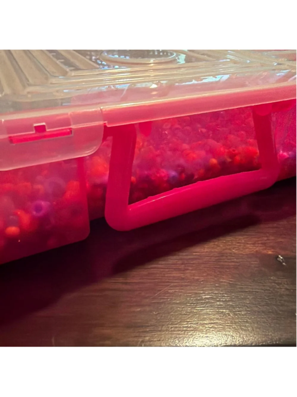 Extra large hot pink craft organizer With Multi-colored acrylic beads and charms